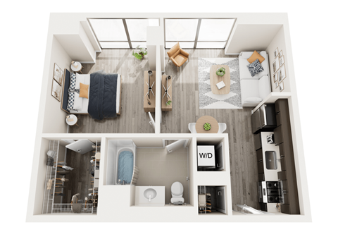 Floor plan for 1 bed, 1 bath, 642 sqft